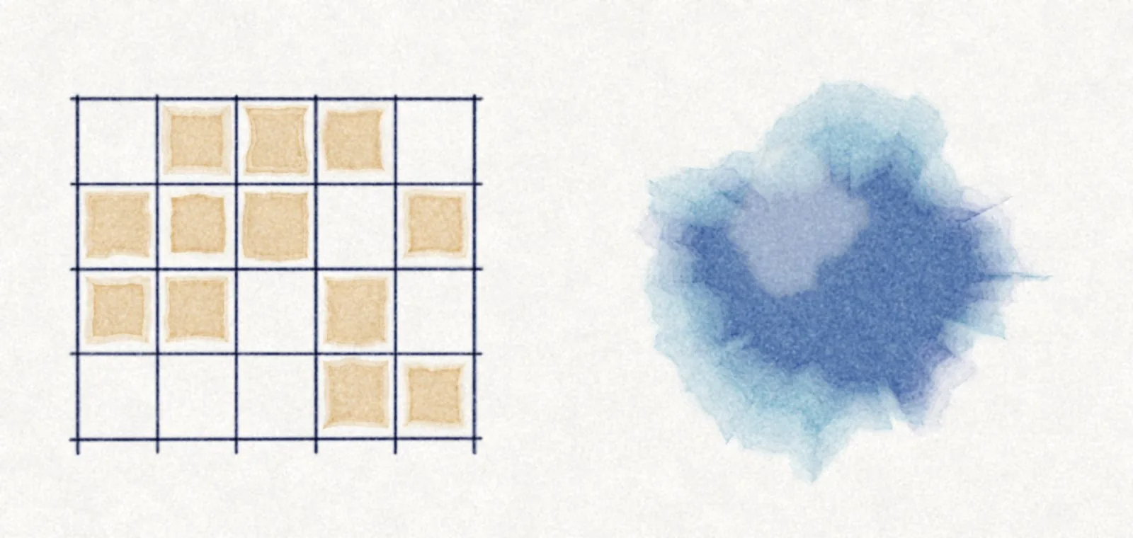 Watercolor: a rigid ink grid with some ochre squares filled in, next to a soft blue blob