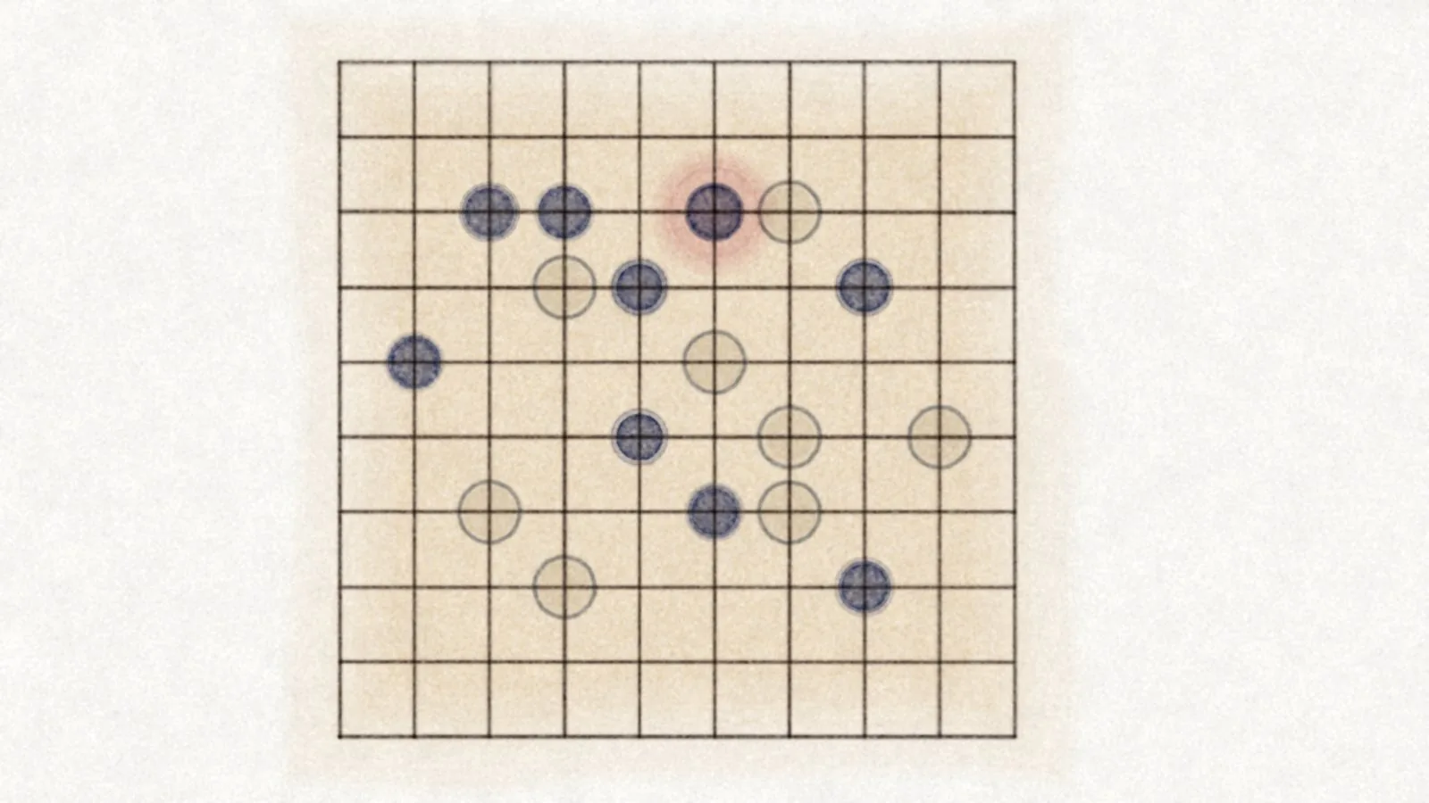 Watercolor: a Go board with dark and light stones, one stone circled in red